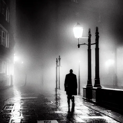Image similar to London at night, deep fog, jack the ripper walks looking for his next victim, by Michelangelo