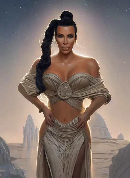 Image similar to A film still of kim kardashian as princess leigha in star wars, highly detailed, digital painting, artstation, concept art, sharp focus, illustration, cinematic lighting, art by artgerm and greg rutkowski and alphonse mucha diffuse lighting, fantasy, intricate, elegant, highly detailed, lifelike, photorealistic, digital painting, artstation, illustration, concept art, smooth, sharp focus, art by John Collier and Albert Aublet and Krenz Cushart and Artem Demura and Alphonse Mucha