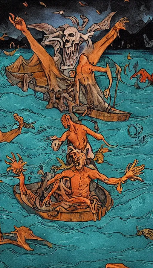 Prompt: man on boat crossing a body of water in hell with creatures in the water, sea of souls, by schizophrenia patient