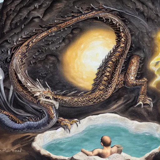 Image similar to highly detailed oil painting of a hotspring in a quartz cave with a black dragon sitting in the middle of it