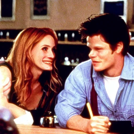 Image similar to Julia Roberts as a student sitting in a college pub, talking to the very handsome blond bartender and eating a big fish, stills photo from the movie Good Will hunting