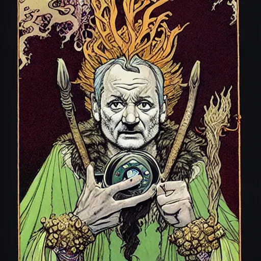 Image similar to a high fantasy portrait of bill murray as a mystical druidic warrior wizard giving the camera the finger by rebecca guay, michael kaluta, charles vess and jean moebius giraud