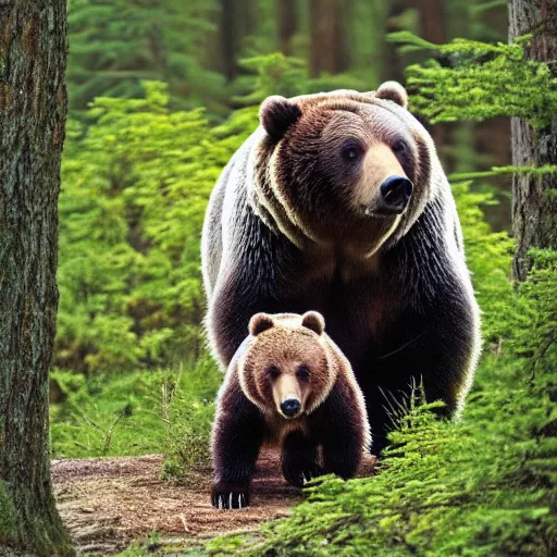 Image similar to grizzly bear and giant tardigrade meet in the forest, nature professional photography, national geographic