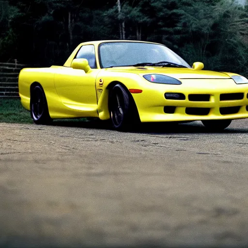 Prompt: yellow RX-7 in film Drive (2012) screen cap ryan gosling driver wide angle 22mm lens cinematic shot