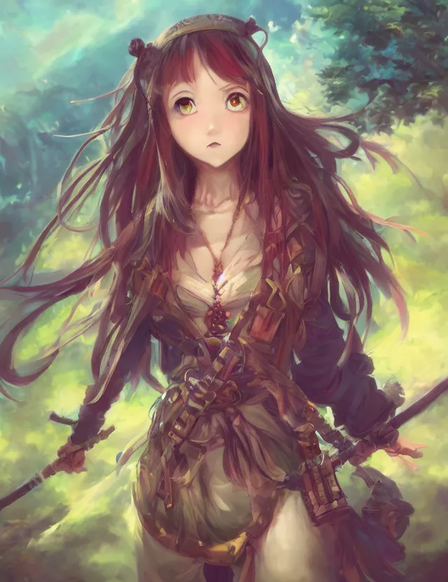 Image similar to scenic wide angle portrait of a teenage girl, bard outfit, anime in fantasy style, trending artwork, painted in anime painter studio, by anato finstark, tony sart, marc simonetti and an anime artist, collaboration