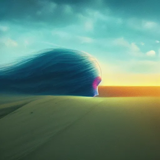 Image similar to closeup giant dahlia flower floating head, a girl walking between dunes, surreal photography, sunrise, blue sky, dramatic light, impressionist painting, digital painting, artstation, simon stalenhag