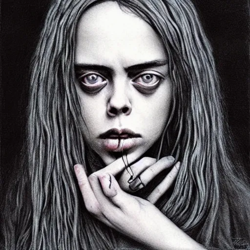 Prompt: grunge drawing of billie eilish by - Zdzisław Beksiński , surrealism style, horror themed, detailed, elegant, intricate