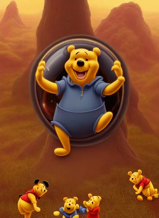 Image similar to winnie the pooh : : polished evil weta cyborg dictator china propaganda poster art president xi jinping : : disney pixar movie still photo : : hi - fructose, sci fi decadent highly - detailed digital painting, golden ratio, octane render, artstation, smooth, sharp focus, scott robertson, artgerm, mucha, loish, wlop : :