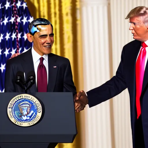 Prompt: barack obama and donald trump shaking hands at a party in the white house, photo