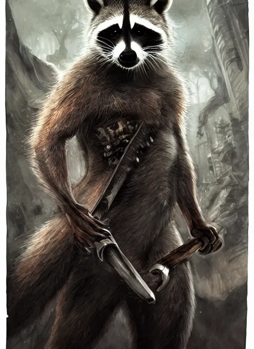 Image similar to portrait, male anthropometric raccoon barbarian, watercolor, dramatic lighting, cinematic, establishing shot, extremely high detail, foto realistic, cinematic lighting, pen and ink, intricate line drawings, by Yoshitaka Amano, Ruan Jia, Kentaro Miura, Artgerm, post processed, concept art, artstation, matte painting, style by eddie mendoza, raphael lacoste, alex ross