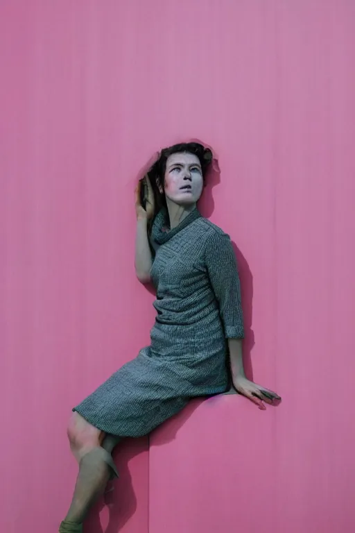 Prompt: a surreal portrait of a woman stuck in a pink wall in the style of brooke didonato, editorial fashion photography from vogue magazine, full shot, nikon d 8 1 0, ƒ / 2. 5, focal length : 8 5. 0 mm, exposure time : 1 / 8 0 0, iso : 2 0 0