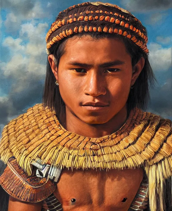 Image similar to portrait of a handsome young mayan warrior in yucatan, art by denys tsiperko and franz xaver kosler and bogdan rezunenko, hyperrealism