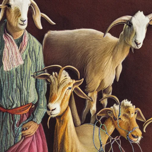 Prompt: people and goats by Hamid Savkuev, close-up, botanical illustration