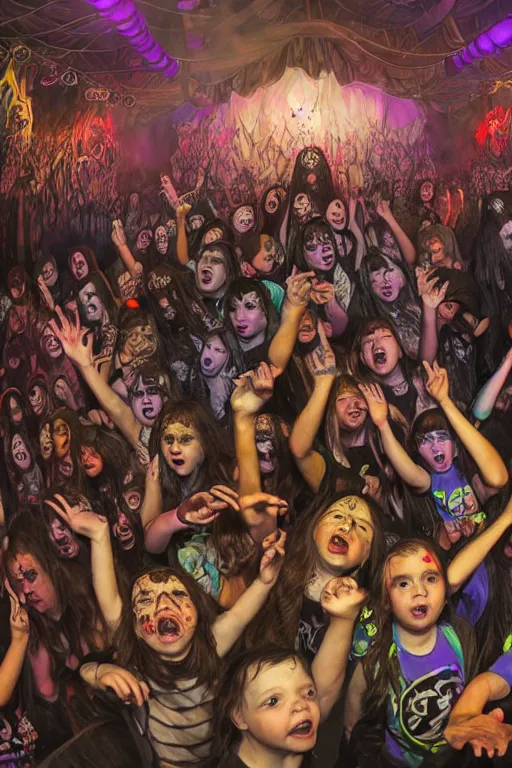 Prompt: a death metal band playing on a little kid party, mosh pit, wide angle, super highly detailed, professional digital painting, artstation, concept art, smooth, sharp focus, no blur, no dof, extreme illustration, Unreal Engine 5, Photorealism, HD quality, 8k resolution, cinema 4d, 3D, beautiful, cinematic, art by artgerm and greg rutkowski and alphonse mucha and loish and WLOP