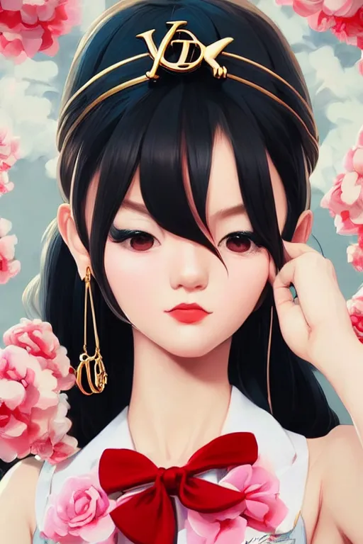 Image similar to a pin up and beautiful fashion dreamlke japan girl with lv jewelry, character art, art by artgerm and wlop and and ilya kuvshinov, hyperdetailed, 8 k realistic, symmetrical, frostbite 3 engine, cryengine, dof, trending on artstation, digital art, chanel, dior, fantasy background