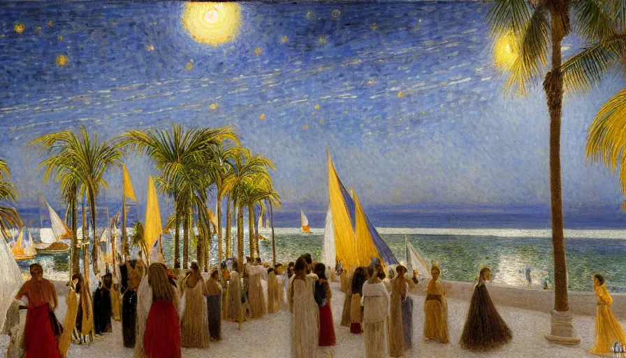Image similar to a ultradetailed beautiful painting of the night sky of the amazonas golden white palace balustrade designed by jules bastien - lepage, tarsila do amaral, frank weston and gustave baumann, beach, trending on artstation, mediterranean, palm trees, sharp focus, sail boats, soft light, 8 k 4 k