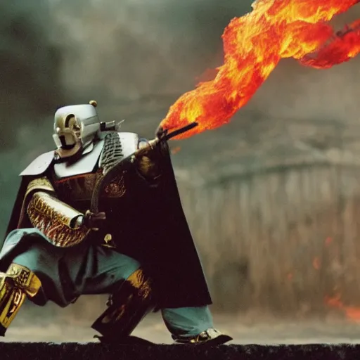 Prompt: cinematic film still MF Doom starring as a Samurai holding fire, Japanese CGI, VFX, 2003, 40mm lens, shallow depth of field,film photography