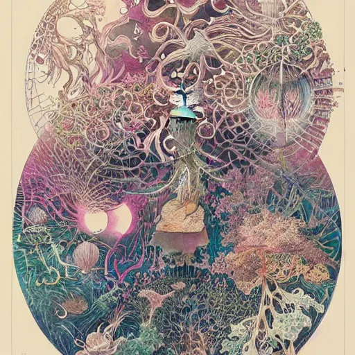 Prompt: worlds within worlds, a beautiful watercolor and ink sketch by Ernst Haeckel and Victo Ngai