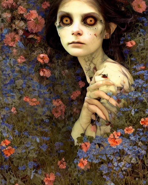 Prompt: a beautiful but sinister and creepy goblin in layers of fear, with haunted eyes, violence in her eyes, 1 9 7 0 s, seventies, delicate embellishments, a little blood, woodland, blue dawn light shining on wildflowers, painterly, offset printing technique, by alexandre cabanel