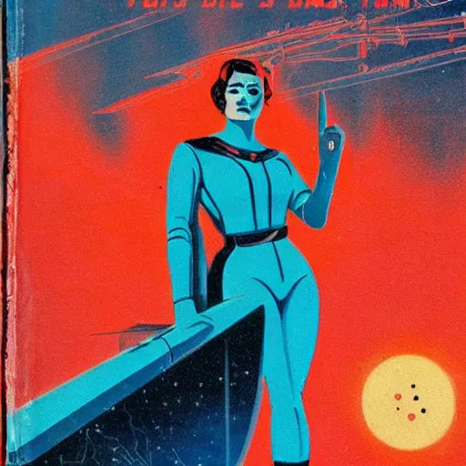 Prompt: vintage sci-fi book cover, high detail, damsel in distress, warm azure tones, red color bleed, film grain