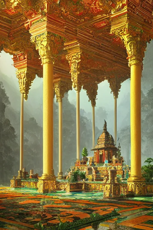 Image similar to glorious painted temple of the forest, by Sylvain Sarrailh and Ludwig Deutsch and Rudolf Ernst and edmund dulac, dramatic cinematic lighting , beautiful colorful tilework, ornate architecture, smooth, sharp focus, extremely detailed