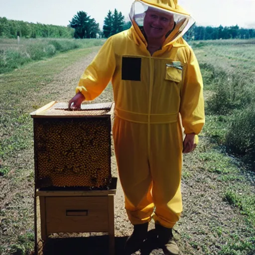 Image similar to doug ford in a beekeepers outfit cinestill, 8 0 0 t, 3 5 mm, full - hd
