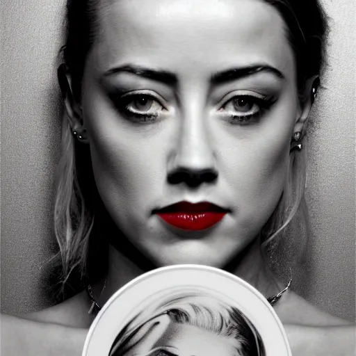 Image similar to amber heard mugshot holding plate in prison, nose piercings, lip piercings, eye piercings,'no regrets'tattood on forehead, ultra realistic, 8 k, canon 3 5 mm portrait photography