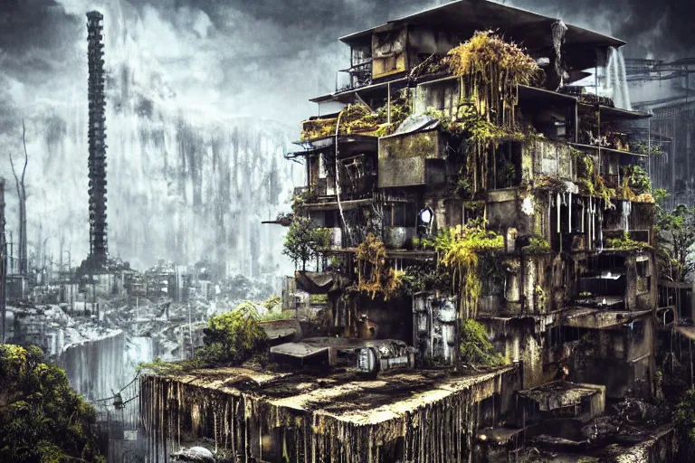 Image similar to gothic waterfall favela honeybee hive, brutalist environment, industrial factory, apocalyptic, somber, award winning art, epic dreamlike fantasy landscape, ultra realistic,