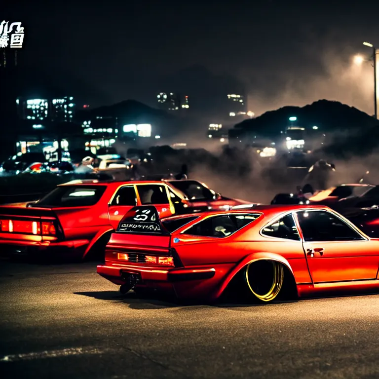 Prompt: a car S30 twin turbo drift at illegal car meet, Gunma prefecture, city midnight mist lights, cinematic lighting, photorealistic, highly detailed wheels, high detail