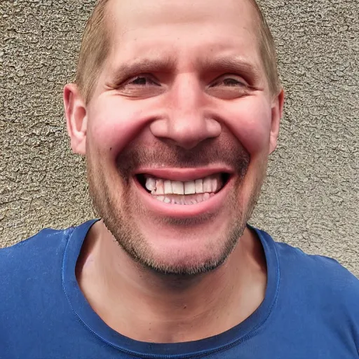 Prompt: man smiling with no teeth, beady solid black eyes, no eyebrows