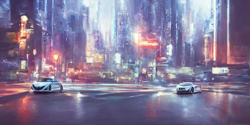 Image similar to a runabout in futuristic cityscape at night, soft lighting, realistic painting