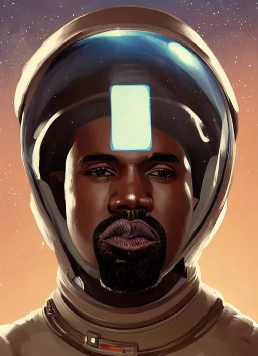 Image similar to pinted full body portrait of kanye west as an astronaut by greg rutkowski, he is about 3 0 years old, short blond hair, athletic and strong, straight jaw, wearing futuristic space gear, highly detailed portrait, digital painting, artstation, concept art, smooth, sharp foccus ilustration, artstation hq.