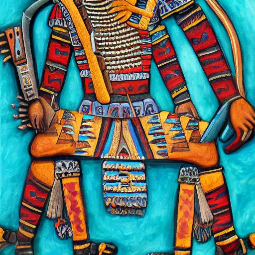 Image similar to detailed painting of a mayan warrior with a crossbow detail intricate exquisite colorful