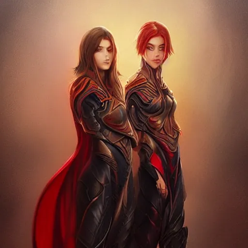 Prompt: adult pair of twins, male and female, arrogant, science fantasy, half portrait, urban background, highly detailed, digital painting, artstation, concept art, sharp focus, smooth, art by artgerm and livia prima and magali villeneuve, elegant red black and gold clothing