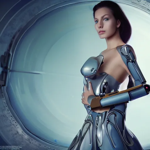 Image similar to portrait of a stunningly beautiful alluring futuristic robot female, depth of field, zeiss lens, detailed, symmetrical, centered, fashion photoshoot, by Annie Leibovitz and Steve McCurry, David Lazar, Jimmy Nelsson, Breathtaking, 8k resolution, extremely detailed, beautiful, establishing shot, artistic, hyperrealistic, beautiful face, octane render