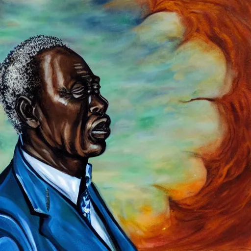 Prompt: a painting of a fatherly wide forehead, round face, XXL , loving, caring, generous, ever-present, humble, wise elder from Kenya in a suit by Wangechi Mutu . Fatherly/daddy, focused, loving, leader, relaxed, ethereal blue heavenly lights, details, smooth, sharp focus, illustration, realistic, cinematic, artstation, award winning, rgb , unreal engine, octane render, cinematic light, macro, depth of field, blur, red light and clouds from the back, highly detailed epic cinematic concept art CG render made in Maya, Blender and Photoshop, octane render, excellent composition, dynamic dramatic cinematic lighting, aesthetic, very inspirational, arthouse.