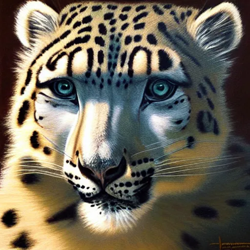 Image similar to oil painting of a snow leopard on canvas, by James gurney, realism, warm lighting, award winning, high detail, professional, volumetric lighting