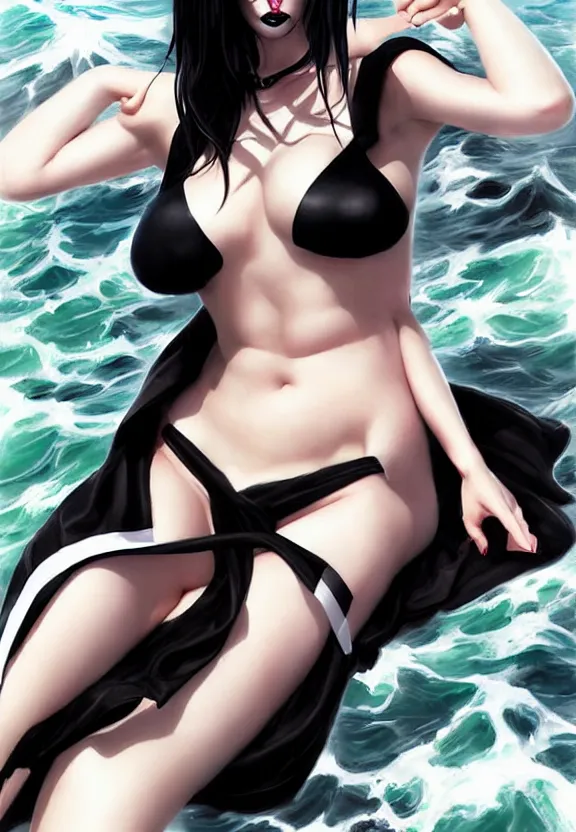 Image similar to full body portrait with wide lens of beautiful goth girl cosplay with black hair in white bikini and black strong makeup and fully body tattooed and clothes fully on, sea background, art by ( ( stanley artgerm lau ) ) and ( wlop ) and magali villeneuve