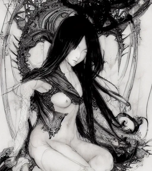 Image similar to portrait of anime succubus with long hair wearing a dark robe, pen and ink, intricate line drawings, by craig mullins, ruan jia, kentaro miura, greg rutkowski, loundraw