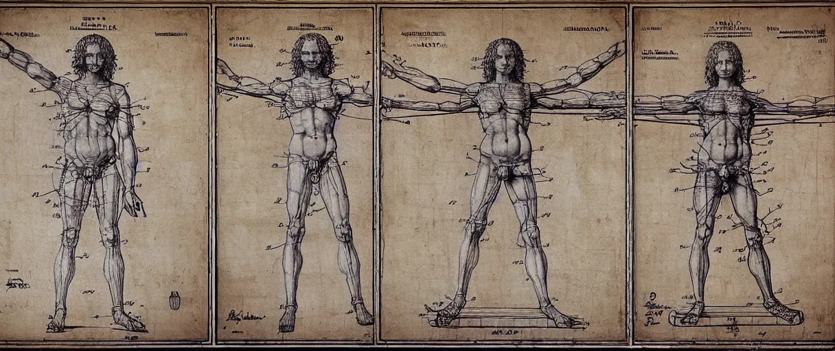 Image similar to a side-by-side leonardo davinci sketch of hypothethical creativity amplifcation devices worn by a vitruvian man and vitruvian woman, intricately detailed, in the style of a patent diagram