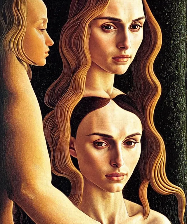 Prompt: Nathalie portman portrait by Sandro Botticelli and Moebius, 3/4 view, amber eyes, beautiful face, appealing long hair, fantasy, intricate, elegant, highly detailed, smooth, sharp focus, oil painted illustration by Sandro Botticelli and Moebius