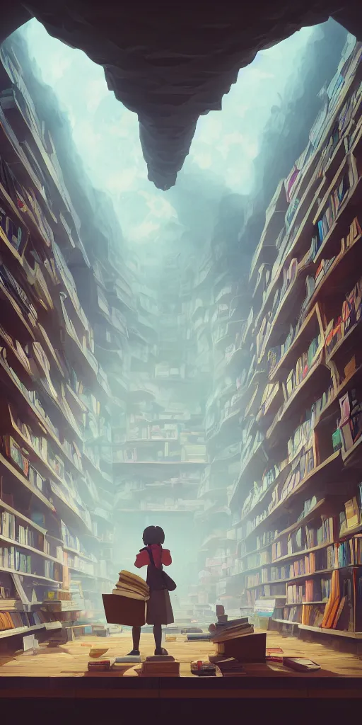 Prompt: inside an empty book store, lush, studio ghibli, sylvain sarrailh, cinematic light, majestic, concept art, volumetric lighting, magic atmospheric, fantasy, 8 k, wide angle, epic composition, award winning, artstation