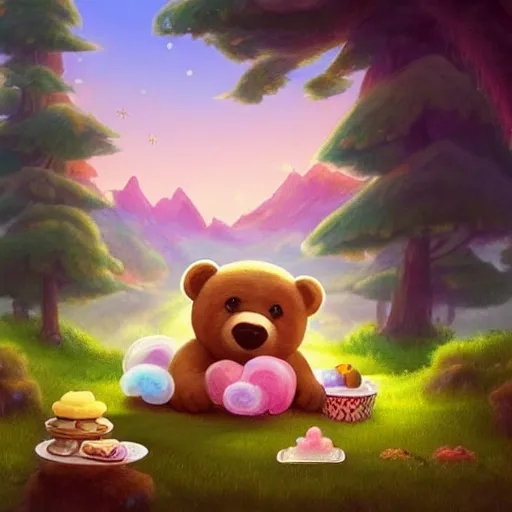 Image similar to a beautiful digital matte painting of an adorable teddy bear with fairy wings sleeping on a cloud of cotton candy, surrounded by candy and desserts, bright natural morning light, mountains river trees, pastel color palette, by andreas rocha and jeremiah ketner