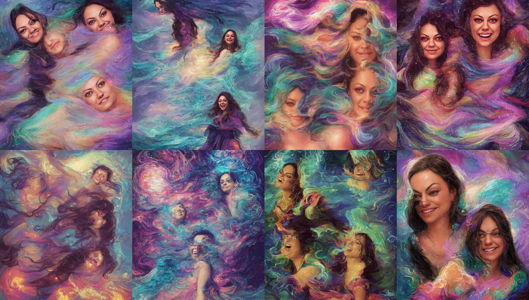 Prompt: portrait mila kunis laughing, rainy storm, intricate robes, gloomhaven, luminescent, colorful swirly magic ripples, pastel colors, by greg manchess, huang guangjian, gil elvgren, sachin teng, greg rutkowski, jesper ejsing, ilya kuvshinov, focal length : 2 0 0. 0 mm