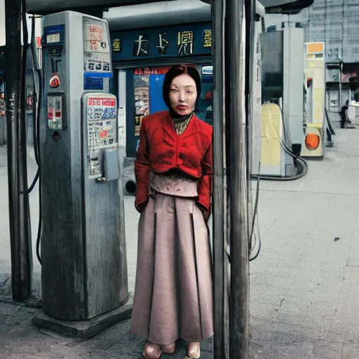 Image similar to a chinese woman at a gas station, 3 dcg, metal gear solid, morrowind, portrait, street photography, by mario testino, davide sorrenti, jemal shabazz