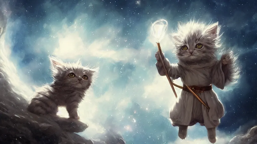 Image similar to a single cartoonish kitten dressed as Gandalf floating in space, bright stars, anime, a fantasy digital painting by Greg Rutkowski and James Gurney, trending on Artstation, highly detailed