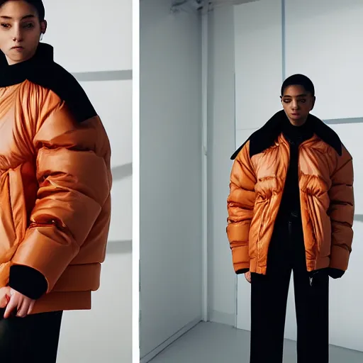 Image similar to realistic photoshooting for a new acne studio lookbook, color film photography, close up, model is wearing a puffer jacket, photo of a woman, photo in style of tyler mitchell, 3 5 mm, vetements, balenciaga, commes des garcon