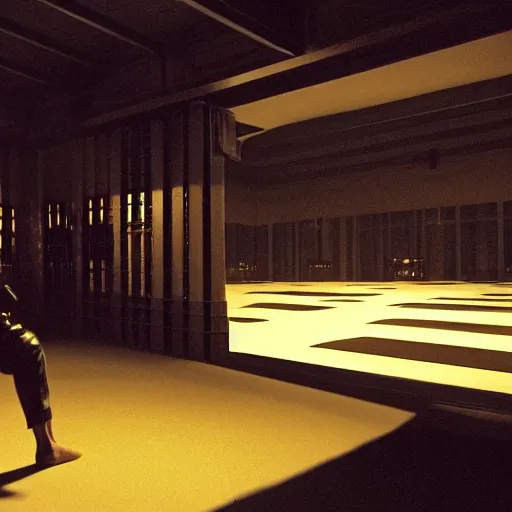 Image similar to a cinematic frame of a large dojo, night time, shot by roger deakins, dimly lit, low ceilings, beautiful futuristic architecture, chris nolan movie