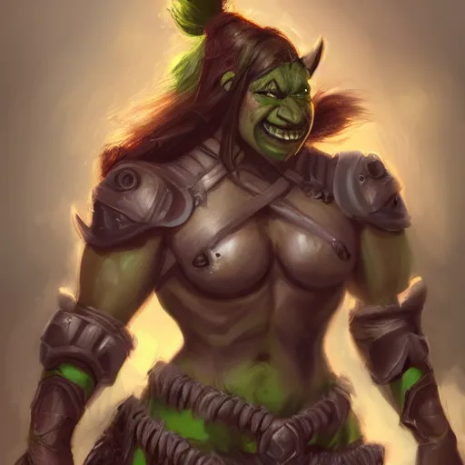 Prompt: a full bodied character portrait of a buff green orc warrior woman in full plate armor bald with a ponytail, by astri lohne, trending on artstation