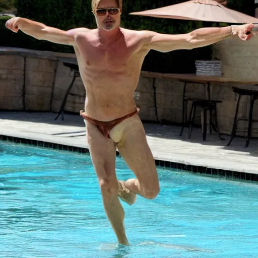 Prompt: brad pitt swimming in bacon pool